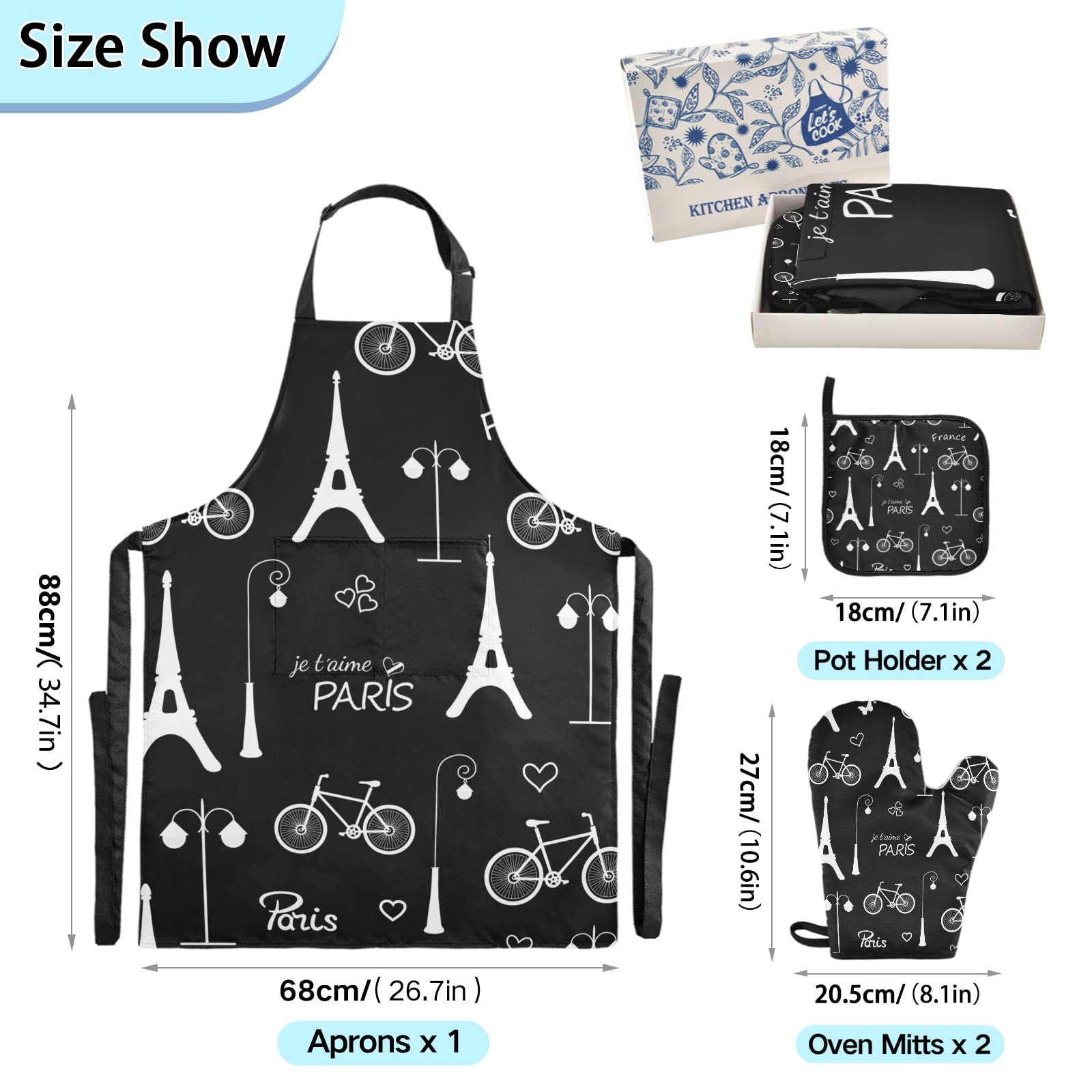 White Eiffel Tower Bicycle ords Paris France on Dark Black 5 Pcs Set Cooking Apron Heat Insulated Oven Mitts with Pot Holder Pad, Kitchen Oven Gloves Protectors Mat for Grilling Baking