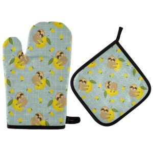 oven mitts pot holders sets - cute sloth lemon cooking gloves hot pads non-slip potholders for kitchen baking cooking bbq grilling