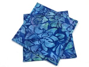 batik quilted fabric pot holders with blue floral print