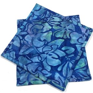 Batik Quilted Fabric Pot Holders with Blue Floral Print