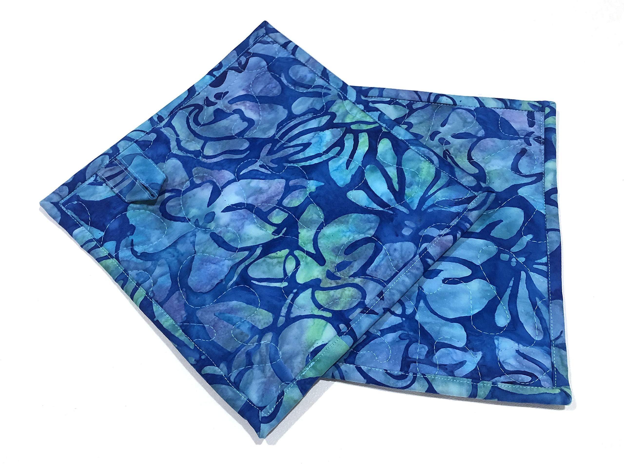 Batik Quilted Fabric Pot Holders with Blue Floral Print