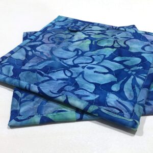 Batik Quilted Fabric Pot Holders with Blue Floral Print