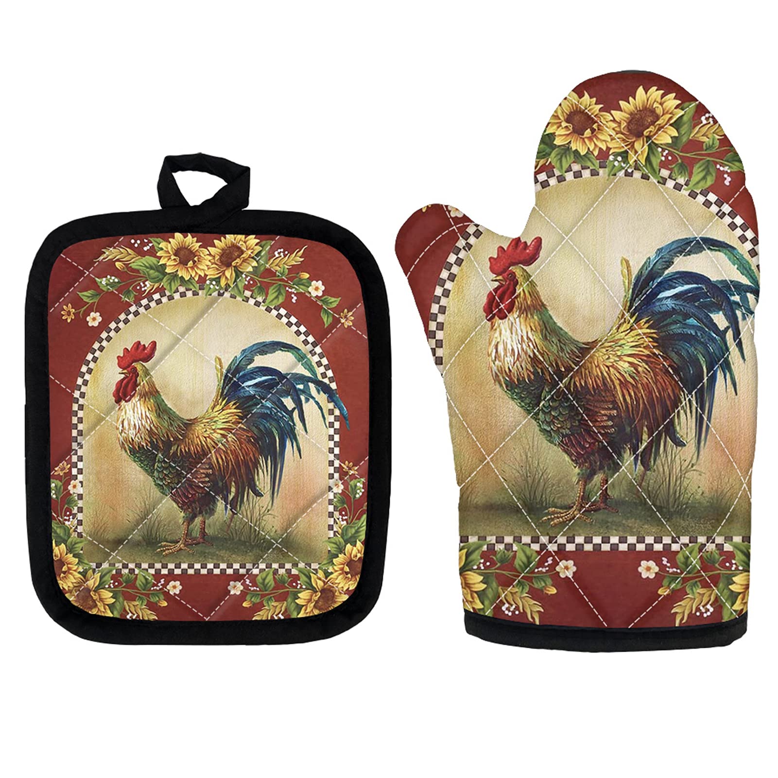 Biyejit Sunflower and Rooster Oven Mitts and Pot Holder Set of 2, Soft Pads Heat Resistant Kitchen Accessories Multi-use Cooking Protector Non-Slip Insulated Mats