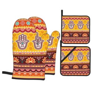 ezdnagp 4pcs oven mitts and pot holders sets oven kitchen gloves hot pads for cooking bbq baking grilling - pakistani indian evil eye hamsa hand