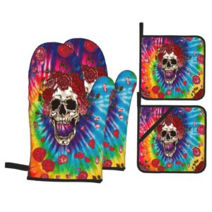 4 piece oven glove and pot holder,greatful dead tie dye design,heat resistant oven glove and pot holder,can be used for cooking and grilling gold one size