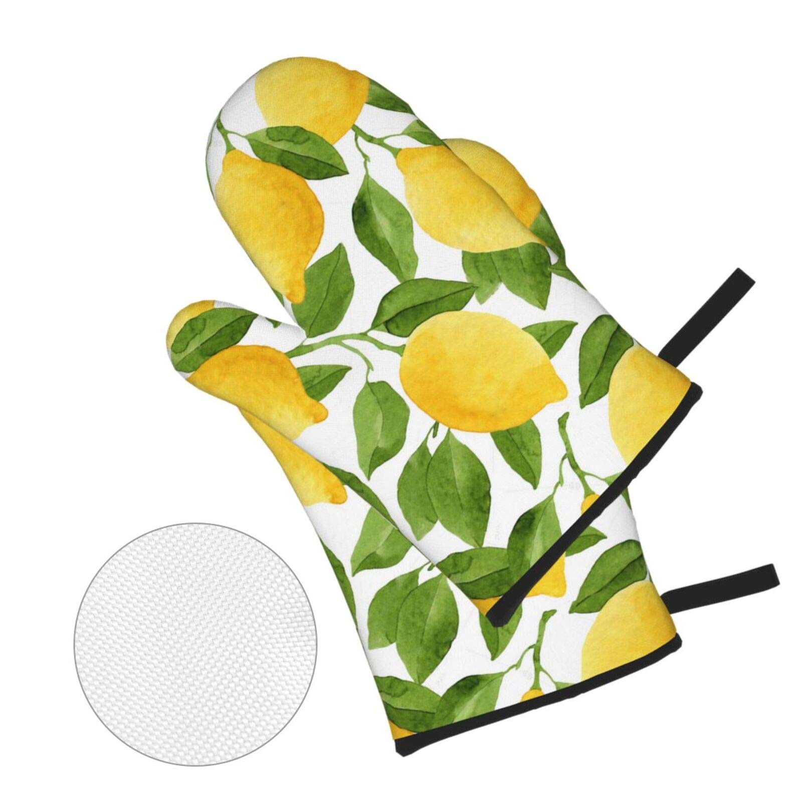 Bright Yellow Lemons Oven Mitts and Pot Holders Sets of 2,Resistant Hot Pads with Polyester Non-Slip BBQ Gloves for Kitchen,Cooking,Baking,Grilling