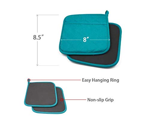 Jalpa Turquoise Pot Holders, Neoprene Oven Pot Holder with Pocket 8"x8.5" Dual-Function Hot Pad Set for Finger Hand Wrist Protection Heat Resistant - Pack of 6 (six)