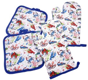 nautical kitchen gift set: pot holders and oven mitts (sealife - lobsters, crabs, octopuses)
