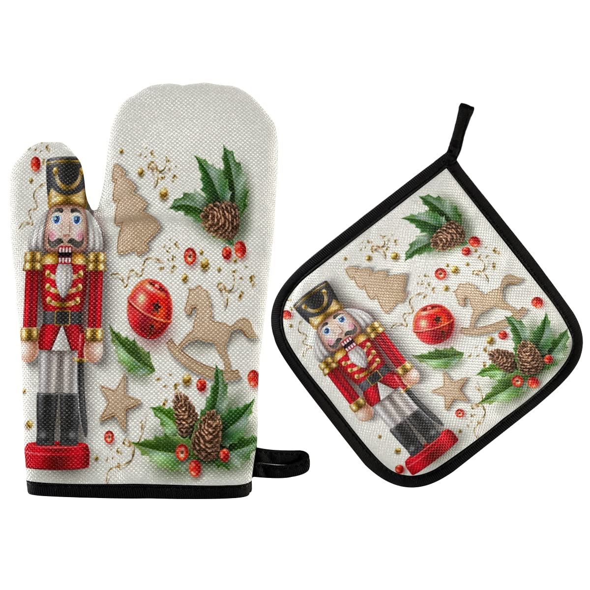 Winter Nutcracker Oven Mitts and Pot Holders Set, Cartoon Kitchen Cook Oven Gloves Mitt Potholders Heat Resistant Pot Holder for Baking Grilling BBQ