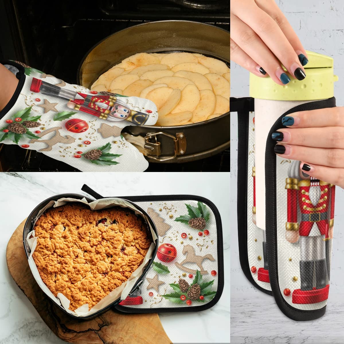 Winter Nutcracker Oven Mitts and Pot Holders Set, Cartoon Kitchen Cook Oven Gloves Mitt Potholders Heat Resistant Pot Holder for Baking Grilling BBQ