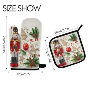 Winter Nutcracker Oven Mitts and Pot Holders Set, Cartoon Kitchen Cook Oven Gloves Mitt Potholders Heat Resistant Pot Holder for Baking Grilling BBQ