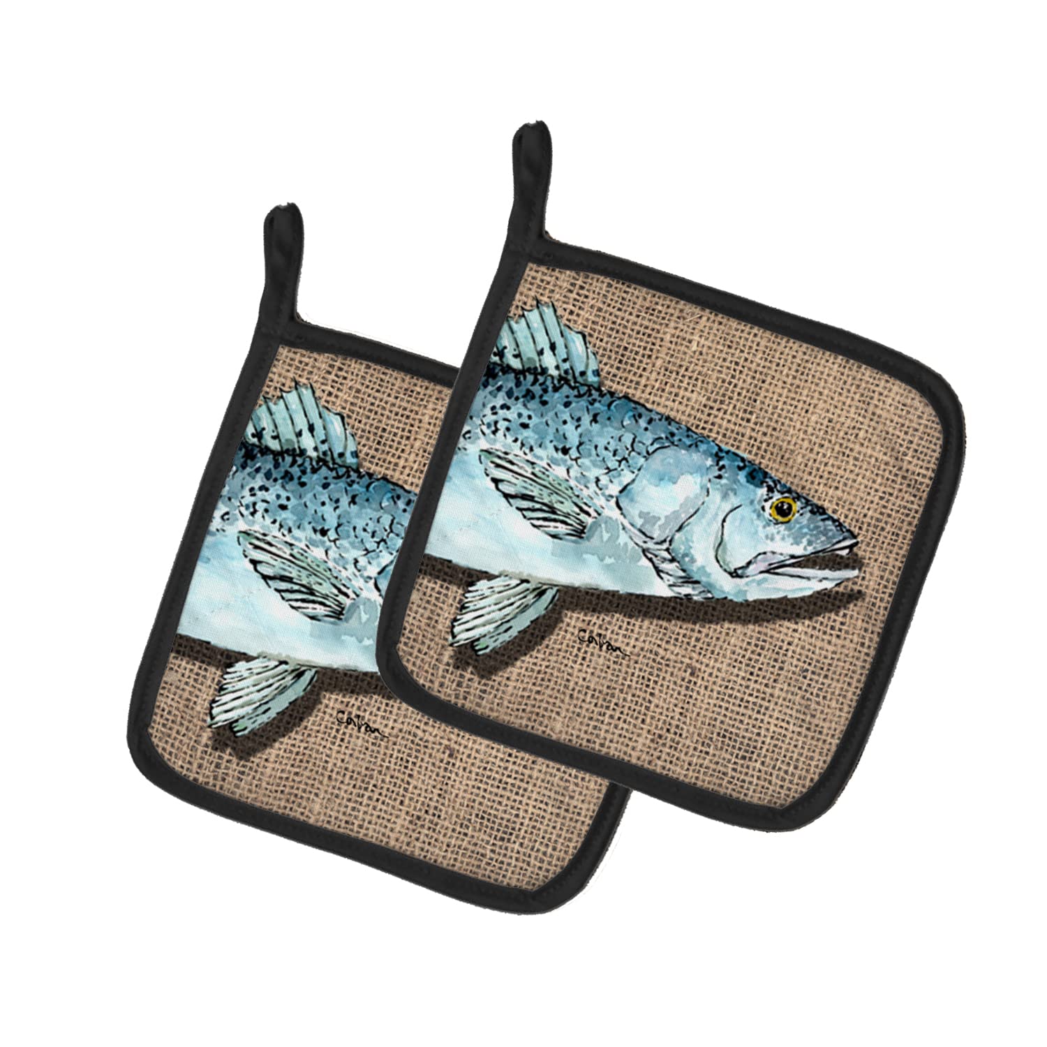 Caroline's Treasures 8737PTHD Fish Speckled Trout Pair of Pot Holders Kitchen Heat Resistant Pot Holders Sets Oven Hot Pads for Cooking Baking BBQ, 7 1/2 x 7 1/2