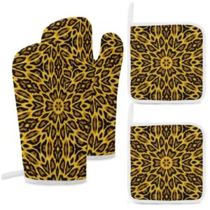 oven mitts and pot holders sets for safe bbq cooking and backing, animal leopard print kitchen insulated pot holder pad with heat resistant gloves, 4 pieces, mbw100