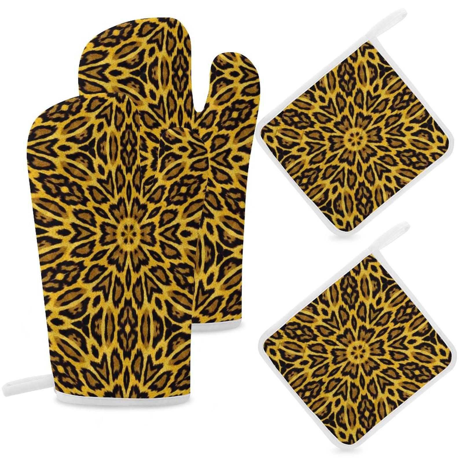 Oven Mitts and Pot Holders Sets for Safe BBQ Cooking and Backing, Animal Leopard Print Kitchen Insulated Pot Holder Pad with Heat Resistant Gloves, 4 Pieces, MBW100