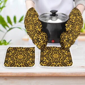 Oven Mitts and Pot Holders Sets for Safe BBQ Cooking and Backing, Animal Leopard Print Kitchen Insulated Pot Holder Pad with Heat Resistant Gloves, 4 Pieces, MBW100