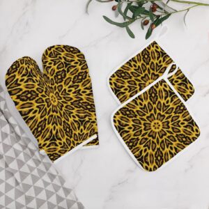 Oven Mitts and Pot Holders Sets for Safe BBQ Cooking and Backing, Animal Leopard Print Kitchen Insulated Pot Holder Pad with Heat Resistant Gloves, 4 Pieces, MBW100