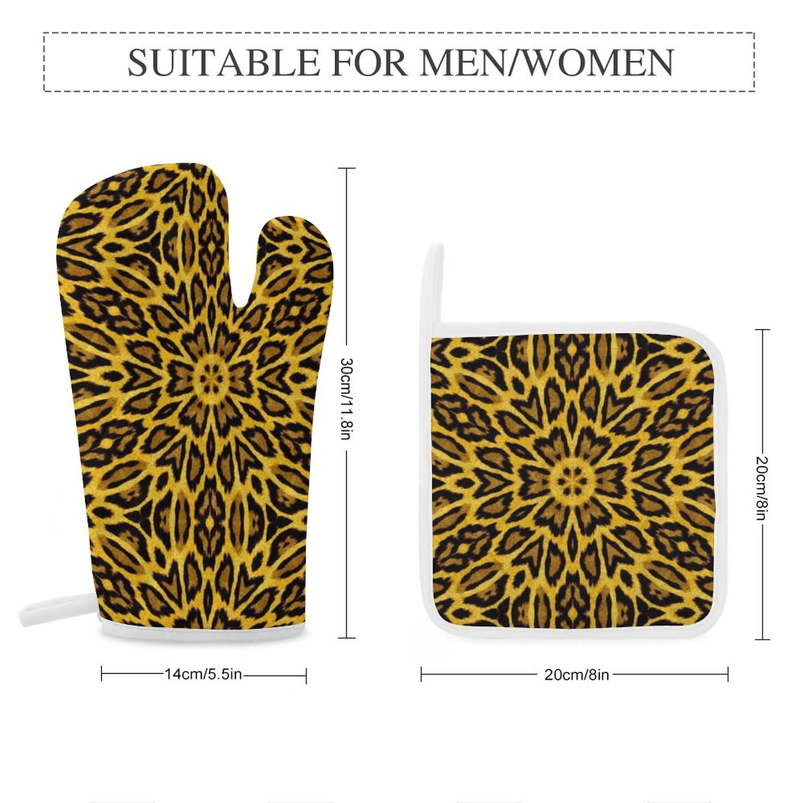 Oven Mitts and Pot Holders Sets for Safe BBQ Cooking and Backing, Animal Leopard Print Kitchen Insulated Pot Holder Pad with Heat Resistant Gloves, 4 Pieces, MBW100