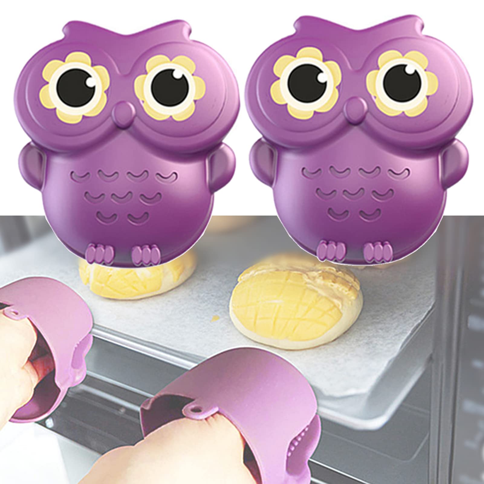 2 Pack Silicone Oven Mitts, Funny Mini Owl Gloves, Oven Mitts Heat Resistant, Kitchen Mitt Potholders for Cooking and BBQ, Easy Clean(Purple)