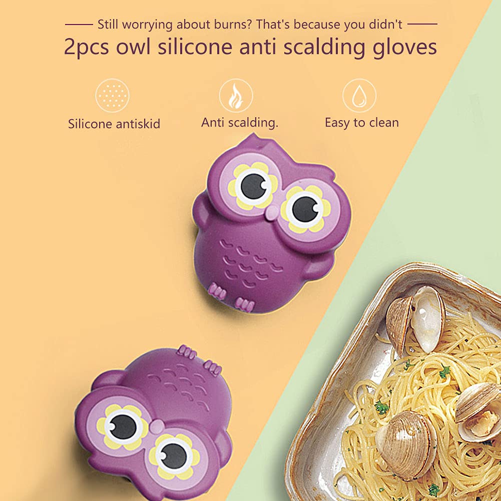 2 Pack Silicone Oven Mitts, Funny Mini Owl Gloves, Oven Mitts Heat Resistant, Kitchen Mitt Potholders for Cooking and BBQ, Easy Clean(Purple)