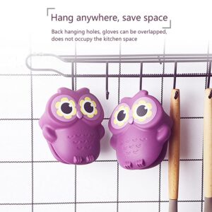 2 Pack Silicone Oven Mitts, Funny Mini Owl Gloves, Oven Mitts Heat Resistant, Kitchen Mitt Potholders for Cooking and BBQ, Easy Clean(Purple)