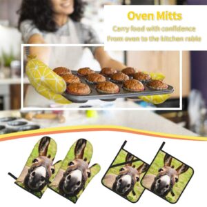 ZHRYMIFE Happy Donkey Oven Mitts and Pot Holders Sets Kitchen Hot Pad Non-Slip Heat Resistant Waterproof Baking BBQ Cooking Gloves(4 Piece) Black