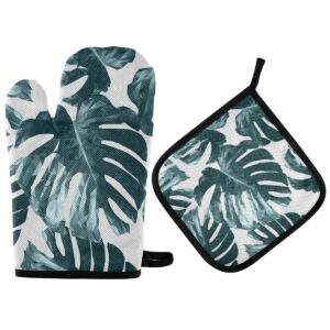 boobert oven mitts and pot holder oven gloves cute monstera green palm leaves non-slip hot pads insulation gloves heat resistant kitchen set for cooking baking grilling bbq