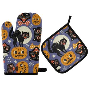 Oven Mitts and Pot Holders Set High Insulated Oven Gloves with Heat Insulation Pad Cat and Halloween Pumpkins Soft Cotton Lining and Non-Slip Surface Kitchen Mitten for Safe BBQ Cooking Baking