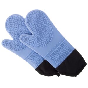 silicone oven mitts – extra long professional quality heat resistant with quilted lining and 2-sided textured grip – 1 pair blue by bedford home