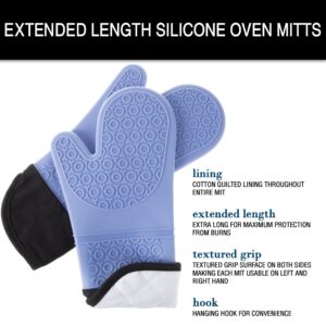 Silicone Oven Mitts – Extra Long Professional Quality Heat Resistant with Quilted Lining and 2-sided Textured Grip – 1 pair Blue by Bedford Home