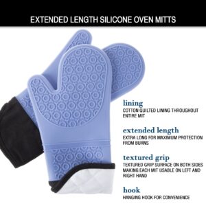 Silicone Oven Mitts – Extra Long Professional Quality Heat Resistant with Quilted Lining and 2-sided Textured Grip – 1 pair Blue by Bedford Home