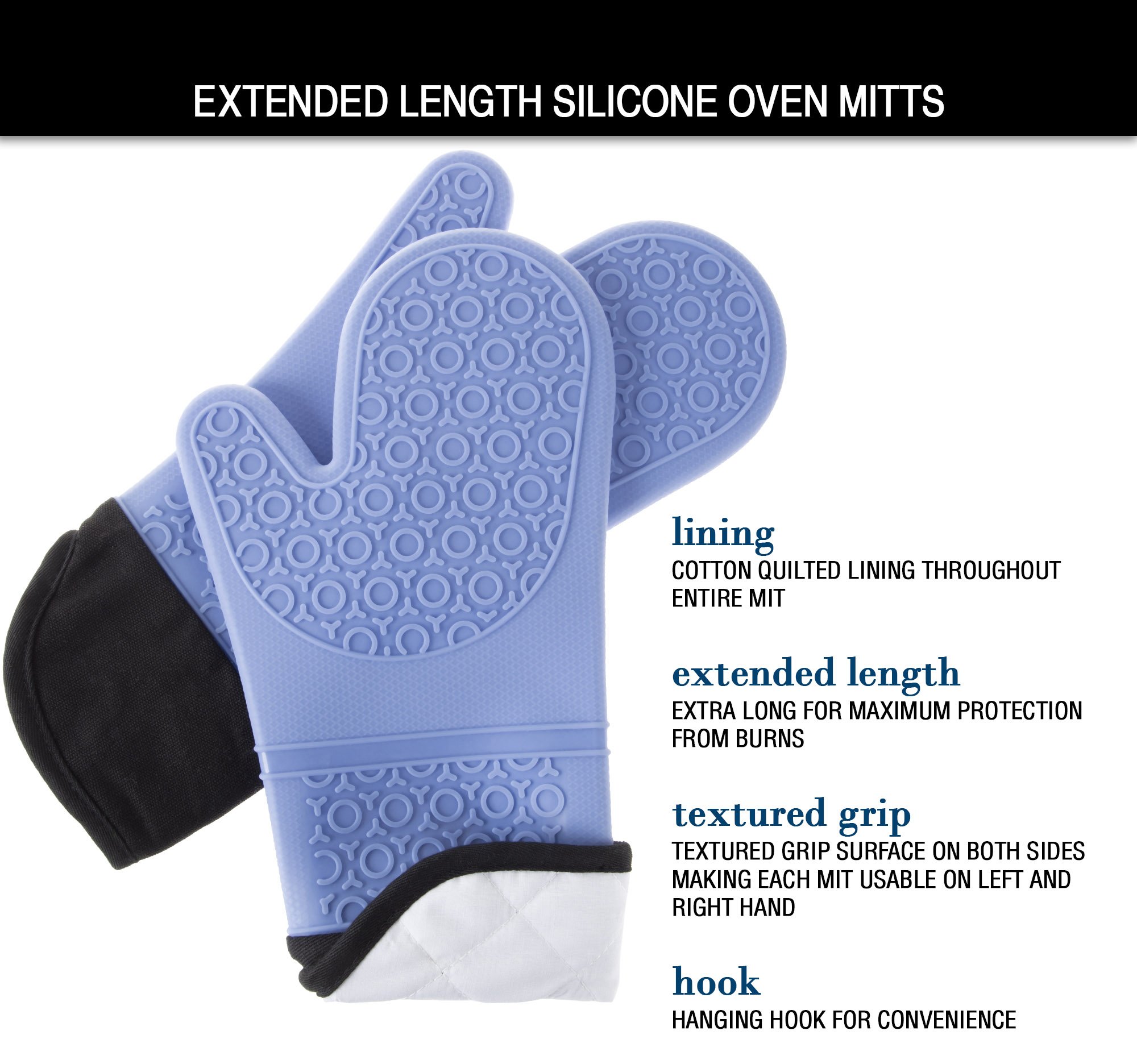 Silicone Oven Mitts – Extra Long Professional Quality Heat Resistant with Quilted Lining and 2-sided Textured Grip – 1 pair Blue by Bedford Home