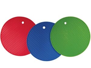better kitchen products set of 3, large silicone pot holders, hot pads, trivets, 7 inch, blue, lime green and red