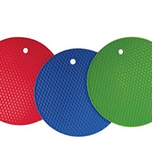 Better Kitchen Products Set Of 3, Large Silicone Pot Holders, Hot Pads, Trivets, 7 Inch, Blue, Lime Green and Red