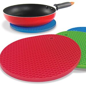 Better Kitchen Products Set Of 3, Large Silicone Pot Holders, Hot Pads, Trivets, 7 Inch, Blue, Lime Green and Red