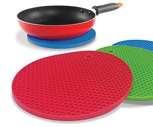 Better Kitchen Products Set Of 3, Large Silicone Pot Holders, Hot Pads, Trivets, 7 Inch, Blue, Lime Green and Red