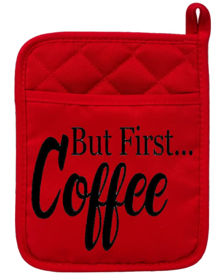 Red Polyester/Rubber Oven Mitt Pot Holder 9x7 in But First Coffee