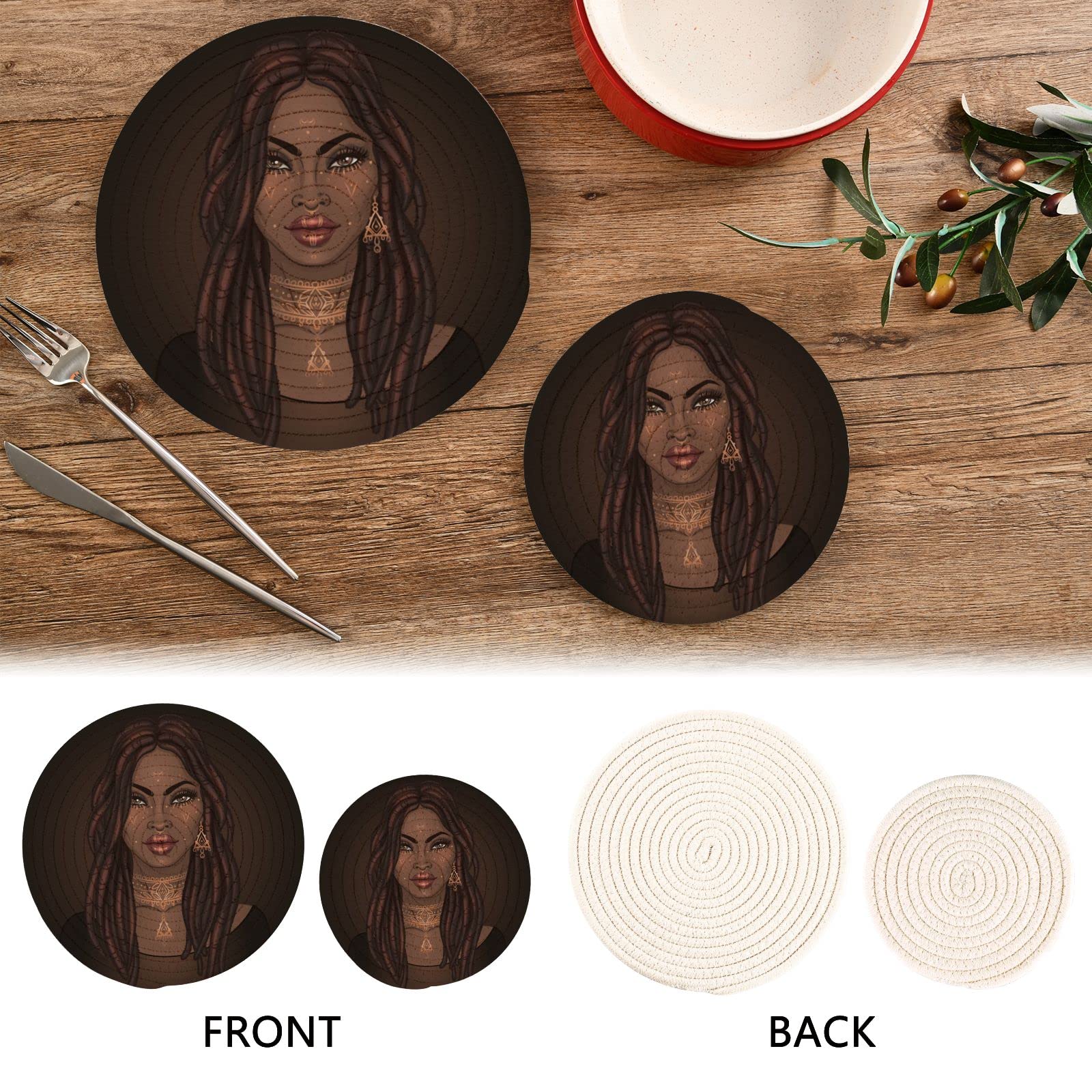 African American Pretty Girl Pot Holders for Kitchen Cotton Round Holder Set of 2 Heat Resistant Placemats Round Thread Weave Coaster for Kitchen Accesseries