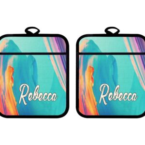 Bleu Reign Oven Mitt and Potholder Set Personalized Custom Name Splattered Bright Colors Watercolor Paint Wave Linen