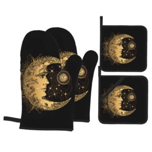 snrfory oven mitts and pot holders 4pcs set, boho moon stars sky bohemian kitchen oven glove for cooking baking grilling