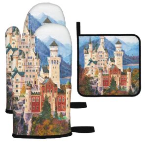 Swono Castle Painting Oven Mitts and Pot Holders Sets,Original Oil Painting of Famous Neuschwanstein Castle in Bavaria Kitchen Cooking Gloves Heat Resistant Baking for BBQ Grilling