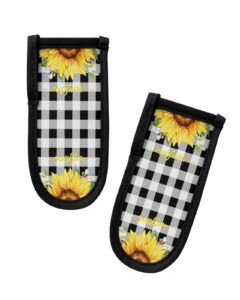 2 pack cast iron handle cover, sunflower pot holders covers heat insulation, spring floral summer botanical black plaid skillet handle cover hot pan handle sleeve for kitchen cooking cookware