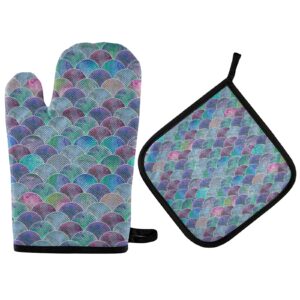 poeticcity colorful mermaid tail scales ocean wave blue green teal purple oven mitts pot holders sets, potholder hot pads heat resistant kitchen oven gloves for cooking baking grilling barbecue