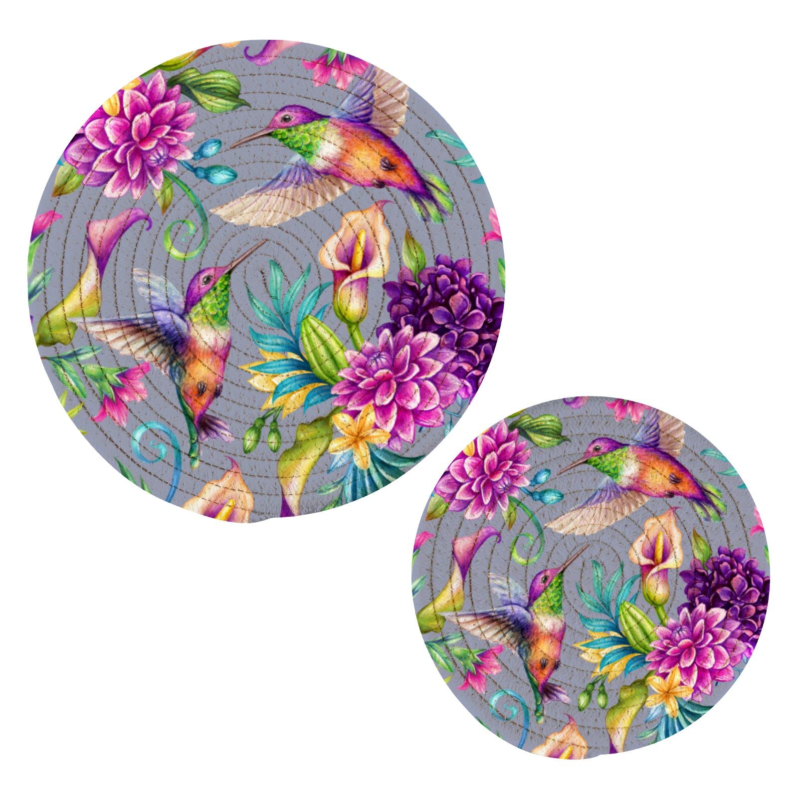 Blueangle Hummingbird on Purple Flowers Pot Holders Trivets Set 2 Pcs, Potholders for Kitchens, Pure Cotton Thread Weave Trivets for Hot Dishes/Pot/Bowl/Hot Pot Holders（755）