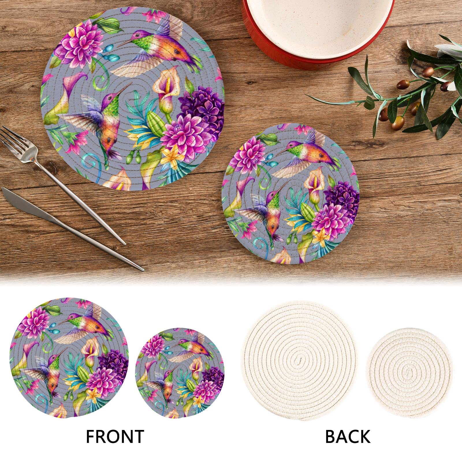 Blueangle Hummingbird on Purple Flowers Pot Holders Trivets Set 2 Pcs, Potholders for Kitchens, Pure Cotton Thread Weave Trivets for Hot Dishes/Pot/Bowl/Hot Pot Holders（755）