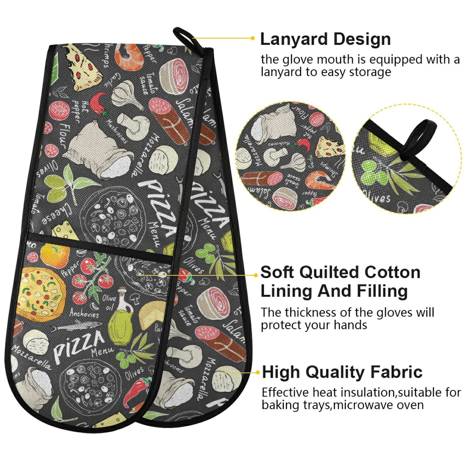 susiyo Double Oven Mitts Pizza Doodles Heat Resistant Oven Glove Extra Long Potholder for Kitchen Cooking Baking BBQ Microwave Handling Hots and Pans, 35x7 Inch