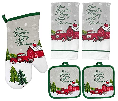 Christmas Pot Holders with Oven Mitt and Christmas Kitchen Towels Sets (Red Truck Design), Christmas Oven Mitts, Pot Holders and Oven Mitts Sets, Christmas Oven Mitts and Pot Holders