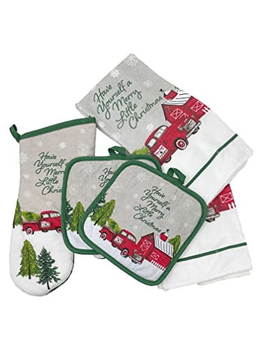 Christmas Pot Holders with Oven Mitt and Christmas Kitchen Towels Sets (Red Truck Design), Christmas Oven Mitts, Pot Holders and Oven Mitts Sets, Christmas Oven Mitts and Pot Holders