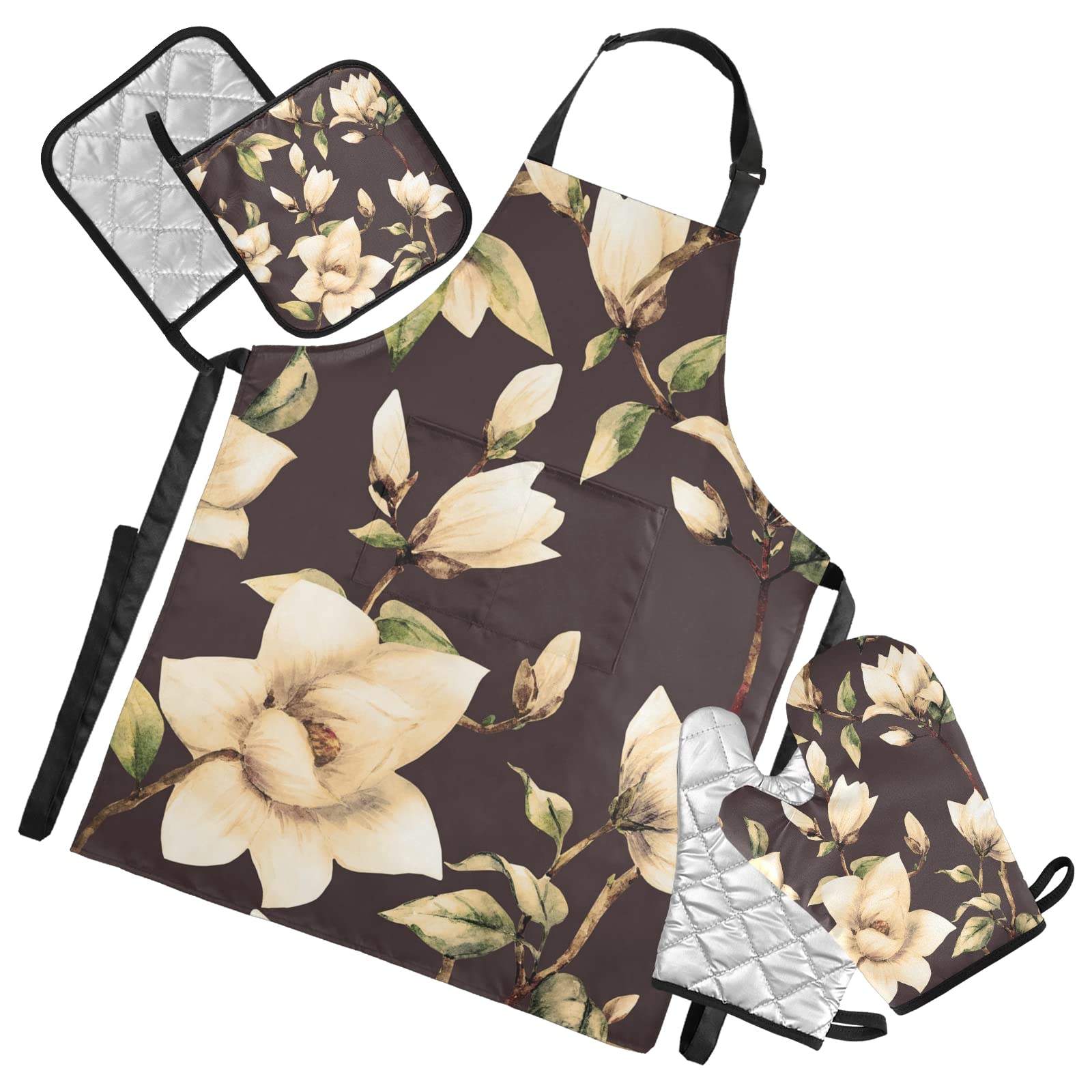 White Magnolia flowers With Leaves On Black Cooking Apron Heat Insulated Microwave Oven Mitts with Pot Holder Pad Kitchen Decor 5Pcs Set Oven Gloves Protectors Mat for Grilling Baking