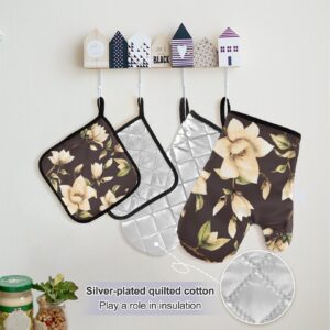 White Magnolia flowers With Leaves On Black Cooking Apron Heat Insulated Microwave Oven Mitts with Pot Holder Pad Kitchen Decor 5Pcs Set Oven Gloves Protectors Mat for Grilling Baking