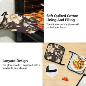 White Magnolia flowers With Leaves On Black Cooking Apron Heat Insulated Microwave Oven Mitts with Pot Holder Pad Kitchen Decor 5Pcs Set Oven Gloves Protectors Mat for Grilling Baking